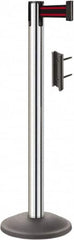 Lavi Industries - 38-1/2" High, 2-3/4" Pole Diam, Stanchion - 12-1/2" Base Diam, Round Steel Base, Polished Chrome (Color) Steel Post, 7' x 2" Tape, Single Line Tape - Exact Tooling
