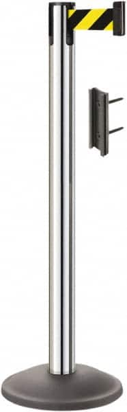 Lavi Industries - 38-1/2" High, 2-3/4" Pole Diam, Stanchion - 12-1/2" Base Diam, Round Steel Base, Polished Chrome (Color) Steel Post, 7' x 2" Tape, Single Line Tape - Exact Tooling