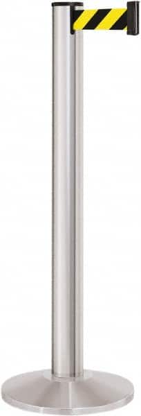 Lavi Industries - 40" High, 2-3/4" Pole Diam, Stanchion - 14" Base Diam, Dome Cast Iron Base, Satin Chrome (Color) Aluminum Post, 13' x 2" Tape, Single Line Tape - Exact Tooling