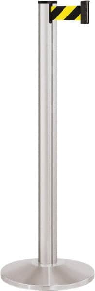 Lavi Industries - 40" High, 2-3/4" Pole Diam, Stanchion - 14" Base Diam, Dome Cast Iron Base, Satin Chrome (Color) Aluminum Post, 7' x 2" Tape, Single Line Tape - Exact Tooling