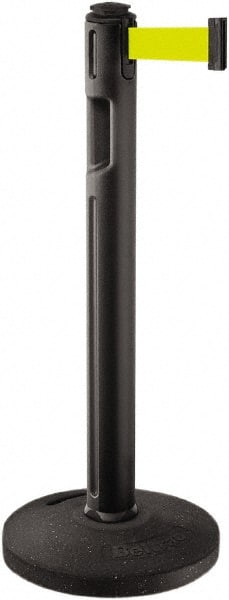 Lavi Industries - 38-1/4" High, 3-1/4" Pole Diam, Stanchion - 16" Base Diam, Dome Recycled Rubber Base, Black Plastic Post, 12' x 2" Tape, Single Line Tape, For Outdoor Use - Exact Tooling
