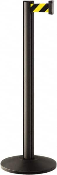 Lavi Industries - 40" High, 2-3/4" Pole Diam, Stanchion - 14" Base Diam, Dome Cast Iron Base, Black Aluminum Post, 7' x 2" Tape, Single Line Tape - Exact Tooling