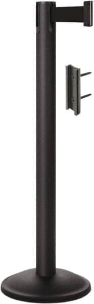 Lavi Industries - 38-1/2" High, 2-3/4" Pole Diam, Stanchion - 12-1/2" Base Diam, Round Steel Base, Black Steel Post, 7' x 2" Tape, Single Line Tape - Exact Tooling