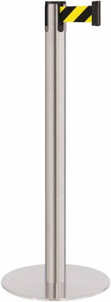 Lavi Industries - 40" High, 2-3/4" Pole Diam, Stanchion - 14-1/2" Base Diam, Flat Cast Iron Base, Satin Chrome (Color) Steel Post, 7' x 2" Tape, Single Line Tape - Exact Tooling