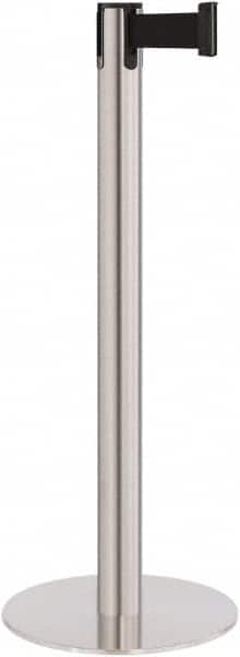Lavi Industries - 40" High, 2-3/4" Pole Diam, Stanchion - 14-1/2" Base Diam, Flat Cast Iron Base, Satin Chrome (Color) Steel Post, 7' x 2" Tape, Single Line Tape - Exact Tooling