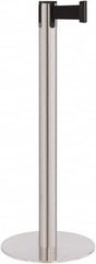 Lavi Industries - 40" High, 2-3/4" Pole Diam, Stanchion - 14-1/2" Base Diam, Flat Cast Iron Base, Satin Chrome (Color) Steel Post, 7' x 2" Tape, Single Line Tape - Exact Tooling
