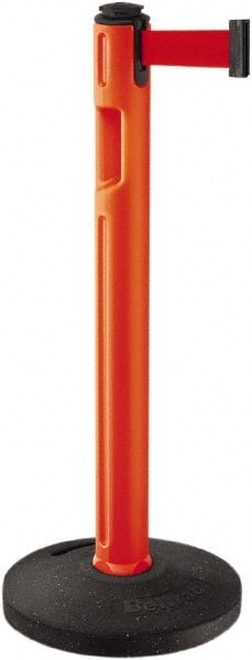 Lavi Industries - 38-1/4" High, 3-1/4" Pole Diam, Stanchion - 16" Base Diam, Dome Recycled Rubber Base, Orange Plastic Post, 12' x 2" Tape, Single Line Tape, For Outdoor Use - Exact Tooling