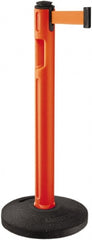 Lavi Industries - 38-1/4" High, 3-1/4" Pole Diam, Stanchion - 16" Base Diam, Dome Recycled Rubber Base, Orange Plastic Post, 12' x 2" Tape, Single Line Tape, For Outdoor Use - Exact Tooling