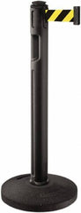 Lavi Industries - 38-1/4" High, 3-1/4" Pole Diam, Stanchion - 16" Base Diam, Dome Recycled Rubber Base, Black Plastic Post, 12' x 2" Tape, Single Line Tape, For Outdoor Use - Exact Tooling