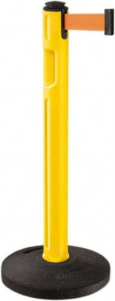 Lavi Industries - 38-1/4" High, 3-1/4" Pole Diam, Stanchion - 16" Base Diam, Dome Recycled Rubber Base, Yellow Plastic Post, 12' x 2" Tape, Single Line Tape, For Outdoor Use - Exact Tooling
