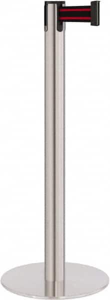 Lavi Industries - 40" High, 2-3/4" Pole Diam, Stanchion - 14-1/2" Base Diam, Flat Cast Iron Base, Satin Chrome (Color) Steel Post, 7' x 2" Tape, Single Line Tape - Exact Tooling