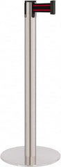 Lavi Industries - 40" High, 2-3/4" Pole Diam, Stanchion - 14-1/2" Base Diam, Flat Cast Iron Base, Satin Chrome (Color) Steel Post, 7' x 2" Tape, Single Line Tape - Exact Tooling