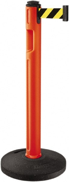 Lavi Industries - 38-1/4" High, 3-1/4" Pole Diam, Stanchion - 16" Base Diam, Dome Recycled Rubber Base, Orange Plastic Post, 12' x 2" Tape, Single Line Tape, For Outdoor Use - Exact Tooling