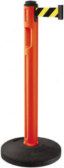 Lavi Industries - 38-1/4" High, 3-1/4" Pole Diam, Stanchion - 16" Base Diam, Dome Recycled Rubber Base, Orange Plastic Post, 12' x 2" Tape, Single Line Tape, For Outdoor Use - Exact Tooling
