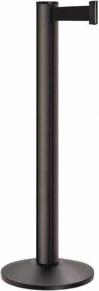 Lavi Industries - 40" High, 2-3/4" Pole Diam, Stanchion - 14" Base Diam, Dome Cast Iron Base, Black Aluminum Post, 7' x 2" Tape, Single Line Tape - Exact Tooling
