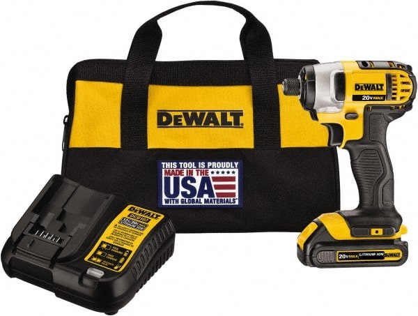 DeWALT - 20 Volt, 1/4" Drive, 117 Ft/Lb Torque, Cordless Impact Driver - Mid-Handle, 2800 RPM, 1 Lithium-Ion Battery Included - Exact Tooling