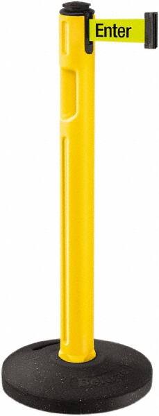 Lavi Industries - 38-1/4" High, 3-1/4" Pole Diam, Stanchion - 16" Base Diam, Dome Recycled Rubber Base, Yellow Plastic Post, 12' x 2" Tape, Single Line Tape, For Outdoor Use - Exact Tooling
