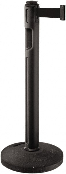 Lavi Industries - 38-1/4" High, 3-1/4" Pole Diam, Stanchion - 16" Base Diam, Dome Recycled Rubber Base, Black Plastic Post, 12' x 2" Tape, Single Line Tape, For Outdoor Use - Exact Tooling