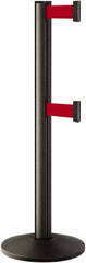 Lavi Industries - 40" High, 2-3/4" Pole Diam, Stanchion - 14" Base Diam, Dome Cast Iron Base, Black Aluminum Post, 7' x 2" Tape, Single Line Tape - Exact Tooling