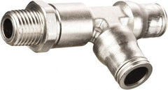 Legris - 10mm Outside Diam, 3/8 BSPT, Nickel Plated Brass Push-to-Connect Tube Male Run Tee - 435 Max psi, Tube to Male BSPT Connection, FKM O-Ring, Conforms to FDA Standards - Exact Tooling