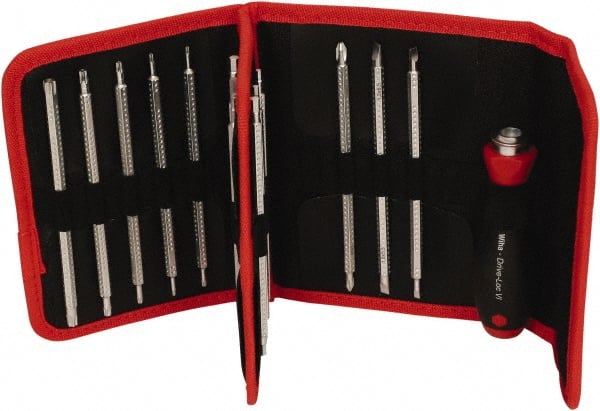 Wiha - 15 Piece, 4mm Drive Screwdriver Insert Torx Bit Set - #1 to #2 Phillips, 2 to 6mm Hex, T6 to T40 Torx, 3.5 to 4.5 & 5.5 to 6.5mm Slotted - Exact Tooling