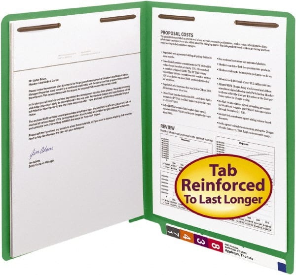 SMEAD - 8-1/2 x 11", Letter Size, Green, Classification Folders with End Tab Fastener - 11 Point Stock, Straight Tab Cut Location - Exact Tooling
