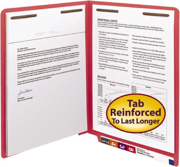 SMEAD - 8-1/2 x 11", Letter Size, Red, Classification Folders with End Tab Fastener - 11 Point Stock, Straight Tab Cut Location - Exact Tooling