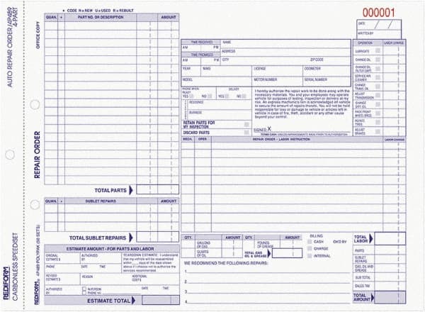 REDIFORM - 50 Sheet, 8-1/2 x 11", Auto Repair Form - White & Blue - Exact Tooling