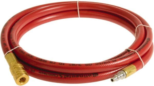 Continental ContiTech - 3/8" ID x 0.6" OD 5' Long Multipurpose Air Hose - Industrial Interchange Safety Coupler x Male Plug Ends, 300 Working psi, -10 to 158°F, 1/4" Fitting, Red - Exact Tooling