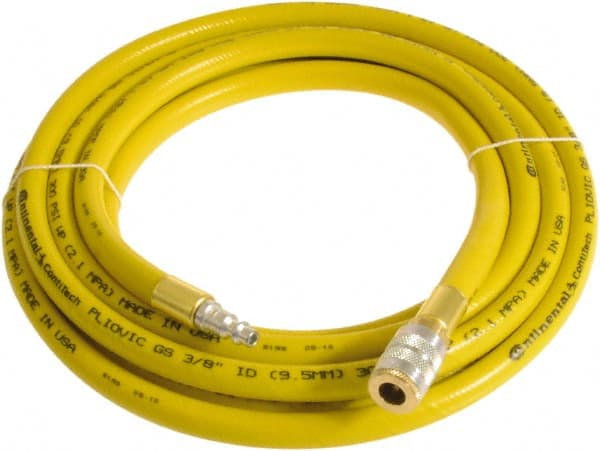 Continental ContiTech - 3/8" ID x 0.6" OD 15' Long Multipurpose Air Hose - Industrial Interchange Safety Coupler x Male Plug Ends, 300 Working psi, -10 to 158°F, 1/4" Fitting, Yellow - Exact Tooling