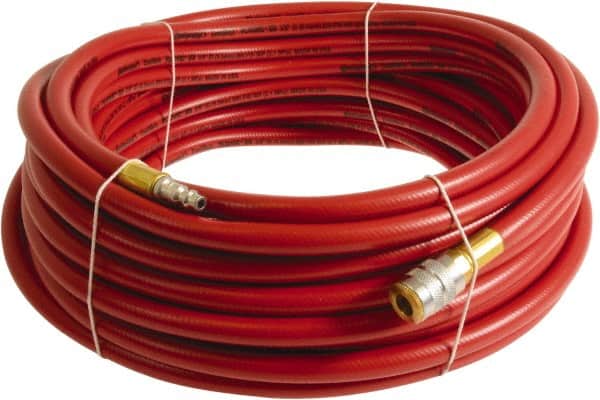 Continental ContiTech - 1/4" ID x 0.45" OD 50' Long Multipurpose Air Hose - Industrial Interchange Safety Coupler x Male Plug Ends, 300 Working psi, -10 to 158°F, 1/4" Fitting, Red - Exact Tooling