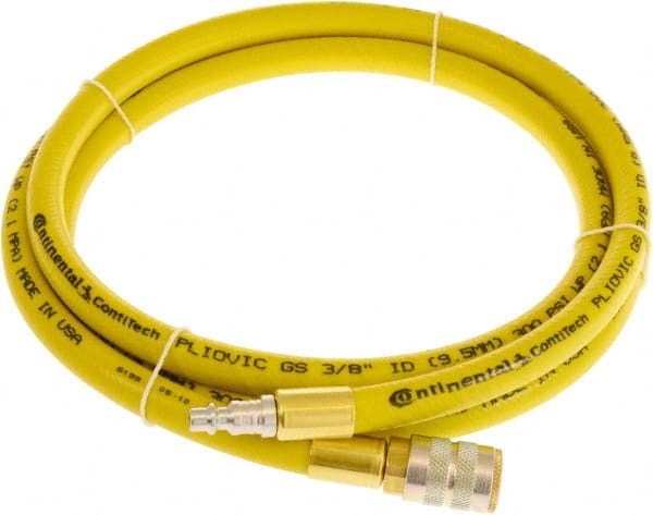 Continental ContiTech - 1/4" ID x 0.45" OD 3' Long Multipurpose Air Hose - Industrial Interchange Safety Coupler x Male Plug Ends, 300 Working psi, -10 to 158°F, 1/4" Fitting, Yellow - Exact Tooling