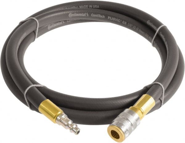 Continental ContiTech - 3/8" ID x 0.6" OD 10' Long Multipurpose Air Hose - Industrial Interchange Safety Coupler x Male Plug Ends, 300 Working psi, -10 to 158°F, 1/4" Fitting, Gray - Exact Tooling