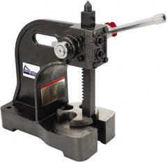 Gibraltar - 1-1/2" Ram, 5-1/4" Throat Depth, 3 Ton Manual Arbor Press - 12-1/2" Max Work Height x 16-1/2" Max Work Width, Single Leverage, 20:1 Leverage Ratio, 8-1/2" Base Width x 10" Base Depth - Exact Tooling