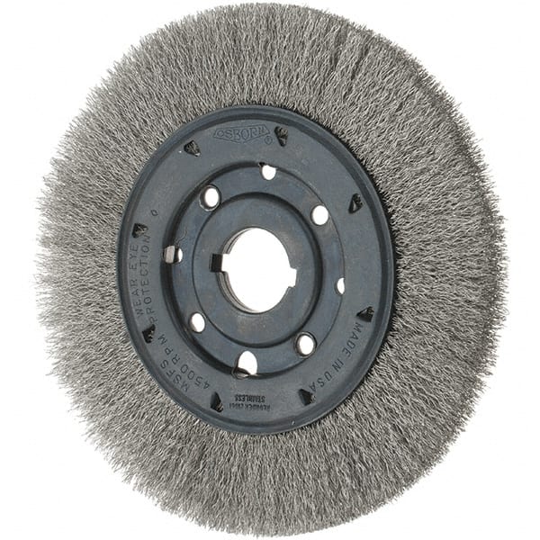 Osborn - 8" OD, 1-1/4" Arbor Hole, Crimped Stainless Steel Wheel Brush - 3/4" Face Width, 1-1/2" Trim Length, 0.01" Filament Diam, 4,500 RPM - Exact Tooling