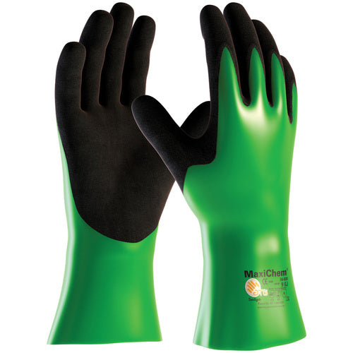 ‎56-630/XXL Coated Supported Gloves - MaxiChem - Nylon/Lycra Liner - Green/ Black Nitrile Blnd - Full Coat - 12 In. - Exact Tooling