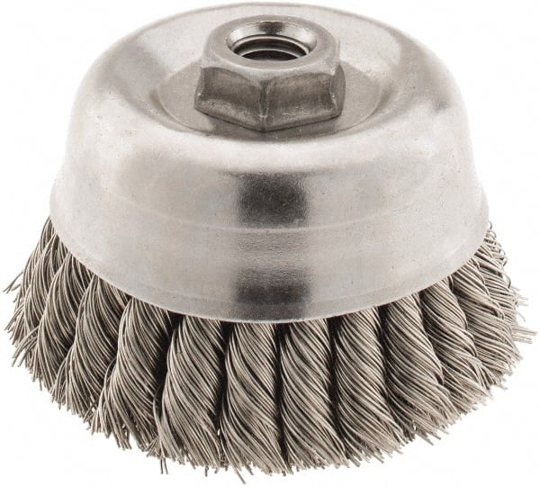 Osborn - 4" Diam, 5/8-11 Threaded Arbor, Stainless Steel Fill Cup Brush - 0.02 Wire Diam, 1-1/4" Trim Length, 6,000 Max RPM - Exact Tooling