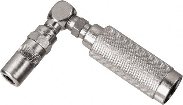 DeWALT - 10,000 Operating psi, Nickel Plated Aluminum Body/Brass Nozzle 90° Angle Adapter Grease Gun Coupler - NPT Thread - Exact Tooling