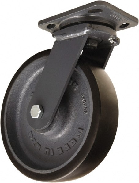 Hamilton - 8" Diam x 2" Wide x 9-1/2" OAH Top Plate Mount Swivel Caster - Polyurethane Mold onto Cast Iron Center, 1,950 Lb Capacity, Sealed Precision Ball Bearing, 4 x 5" Plate - Exact Tooling