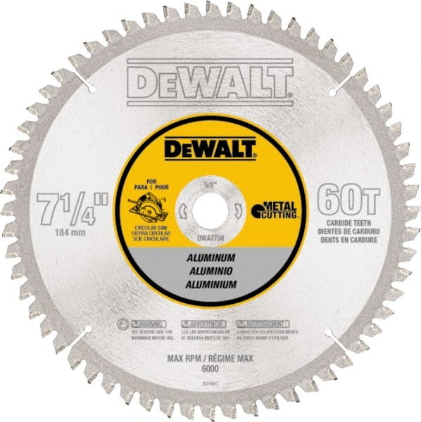 DeWALT - 7-1/4" Diam, 5/8" Arbor Hole Diam, 60 Tooth Wet & Dry Cut Saw Blade - High Speed Steel, Crosscut Action, Standard Round Arbor - Exact Tooling