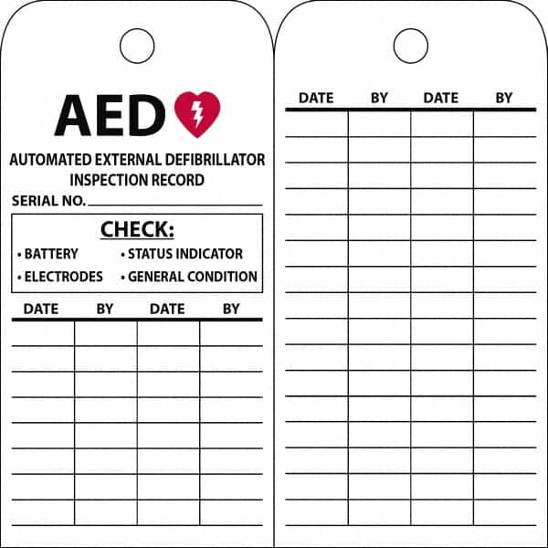 NMC - 3" High x 6" Long, AED, English Safety & Facility Quality Control Tag - 1 Side, White Vinyl/Polyester - Exact Tooling