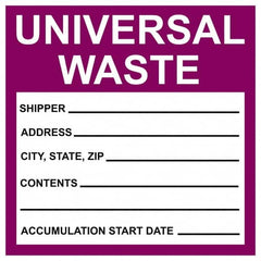 NMC - Universal Label - Legend: Universal Waste - Shipper__________ Address____ City,State,Zip____ Contents________ Accumulation Start Date ______, English, Purple & Black, 6" Long x 6" High, Sign Muscle Finish - Exact Tooling