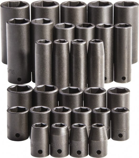 Proto - 30 Piece 1/2" Drive Full Polish Finish Impact Socket Set - 6 Points, 1-1/4" to 1-1/4" (10mm to 24mm) Range, Inch/Metric Measurement Standard - Exact Tooling
