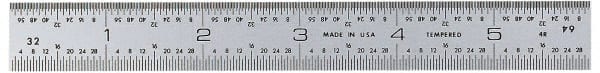 General - 6" Long, 1/64, 1/32, 1/16, 1/8" Graduation, Rigid Steel Rule - 4R Graduation Style, 3/4" Wide, Silver, Satin Chrome Finish - Exact Tooling