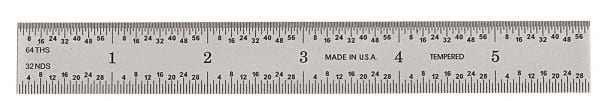 General - 6" Long, 1/64, 1/32, 1/16, 1/8" Graduation, Rigid Steel Rule - 4R Graduation Style, 3/4" Wide, Silver, Satin Chrome Finish - Exact Tooling