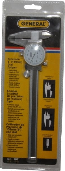 General - 0mm to 6" Range, 0.001" Graduation, 0.1" per Revolution, Dial Caliper - White Face, 1.57" Jaw Length - Exact Tooling