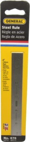 General - 6" Long, 1/64, 1/32, 1/16, 1/8" Graduation, Rigid Stainless Steel Rule - 4R Graduation Style, 3/4" Wide, Silver, Polished Finish - Exact Tooling