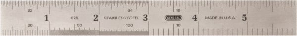General - 6" Long, 1/100, 1/64, 1/50, 1/32, 1/20, 1/16, 1/10, 1/8" and 0.5, 1mm Graduation, Rigid Stainless Steel Rule - 4R & English/Metric Graduation Style, 3/4" Wide, Silver, Polished Finish - Exact Tooling