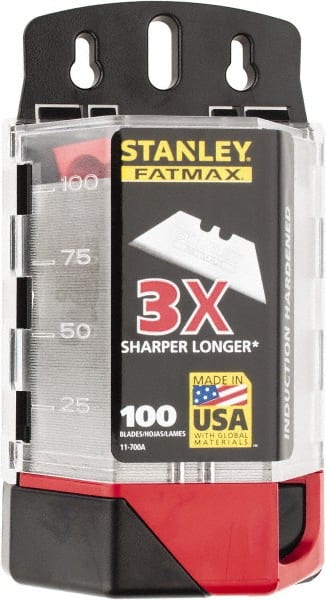 Stanley - 100 Piece High Carbon Steel Utility Knife Blade - 2-7/16" OAL, 0.024" Blade Thickness - Exact Tooling