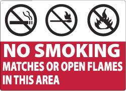 NMC - "No Smoking Matches or Open Flames in This Area", 7" Long x 10" Wide, Aluminum Safety Sign - Rectangle, 0.04" Thick, Use for Smoking Regulations - Exact Tooling